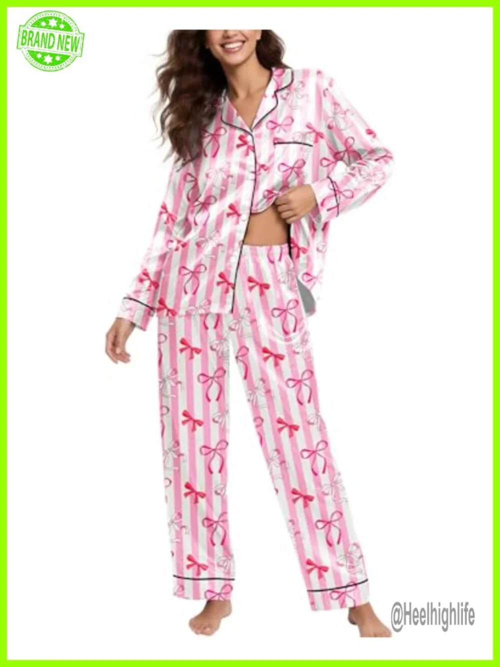 Silky Satin Pajama Set 2 Piece Long Sleeve Button Up Ladies Sleepwear Lounge